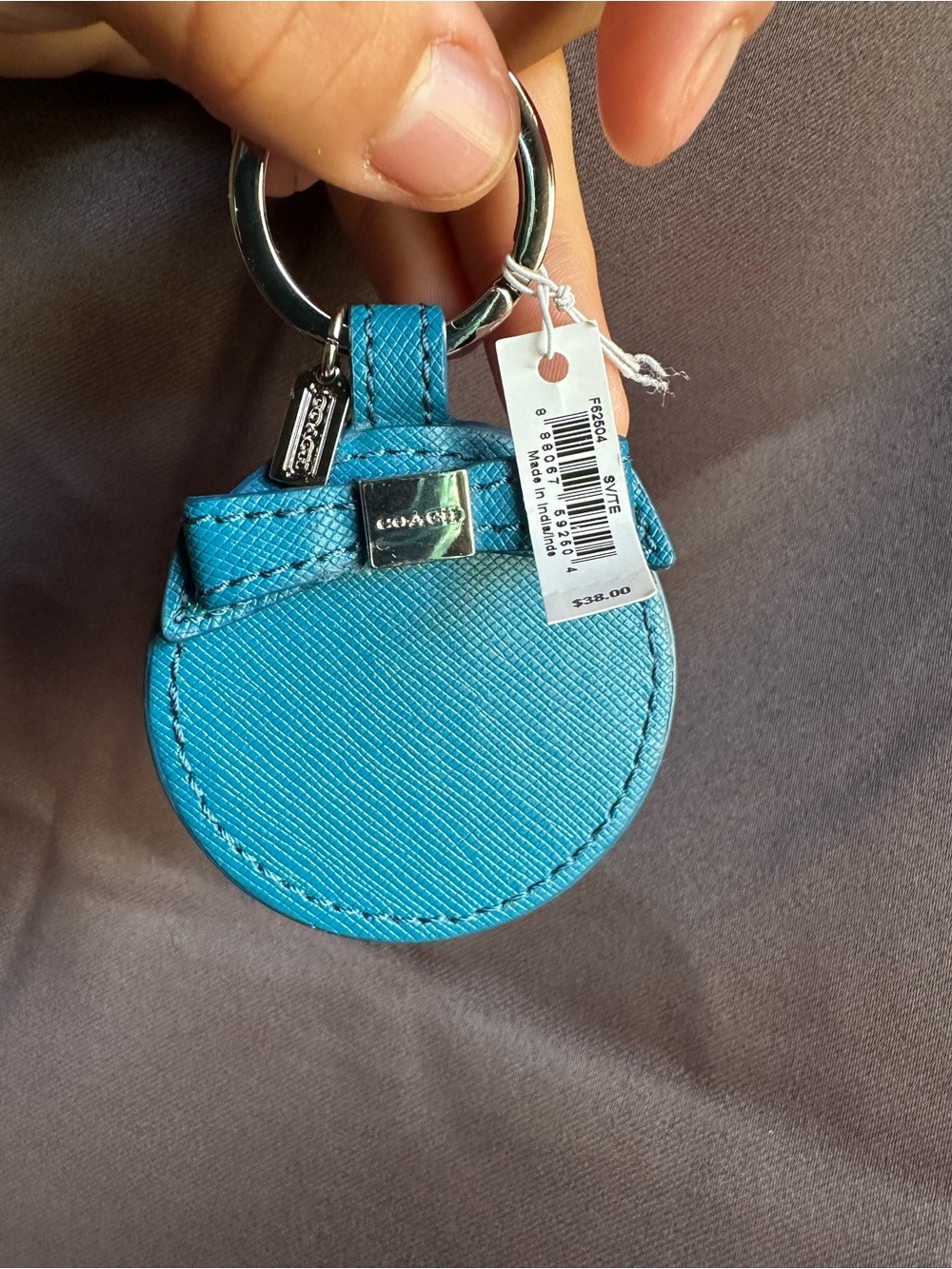 Coach Teal Round Leather Key & Card Holder Keychain